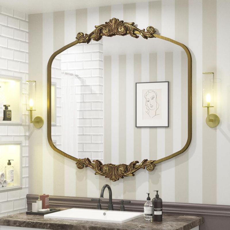 Photo 1 of SMIROR Gold Vintage Mirror 36x 36, Arched Antique Mirror for Wall, Metal Frame, Baroque, Bathroom, Vanity, Mantel