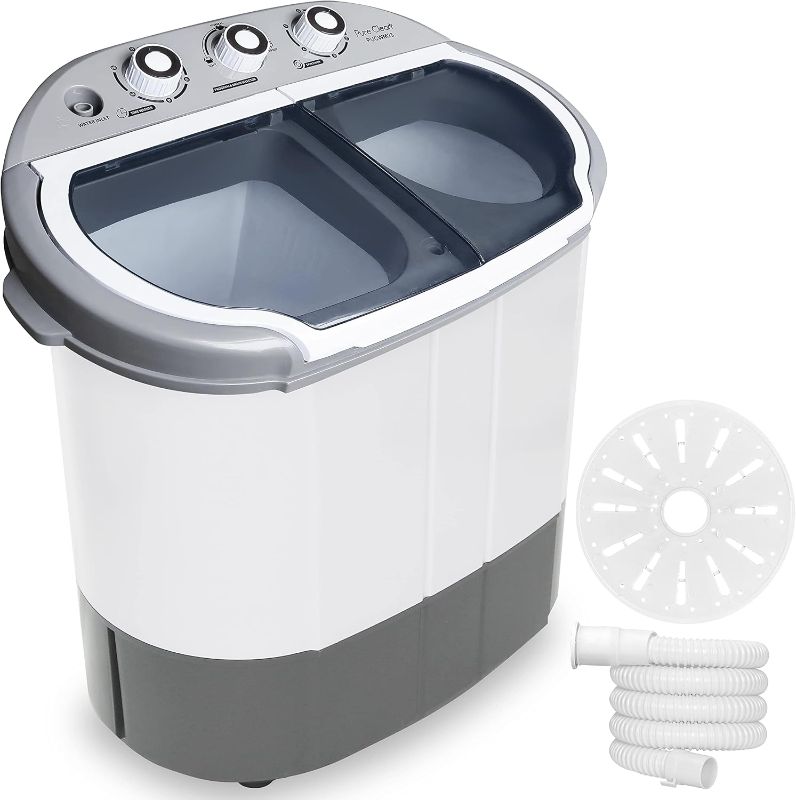 Photo 1 of Pure Clean Compact Home Washer & Dryer, 2 in 1 Portable Mini Washing Machine, Twin Tubs, 11lbs. Capacity, 110V, Spin Cycle w/Hose, Translucent Tub Container Window, Ideal for Smaller Laundry Loads, Gray
