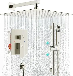 Photo 1 of SR SUN RISE 12 Inch Square Shower System, Rain Shower Head and Slide Bar Handheld Shower Faucet Wall Mounted Combo Set Included Valve and Trim Kit for Bathroom, Brushed Nickel