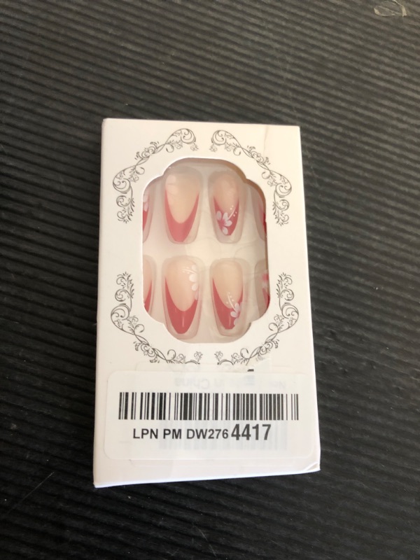 Photo 1 of Flower Press on Nails Medium Almond Fake Nails with Designs Red French Tip Glue on Nails Spring False Nails Full Cover Reusable Nude Cute Artificial Acrylic Stick on Nails for Women Manicure 24 Pcs
