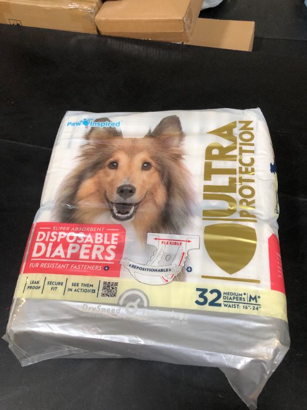 Photo 1 of Paw Inspired 32ct Disposable Dog Diapers | Female Dog Diapers Ultra Protection | Diapers for Dogs in Heat, Excitable Urination, or Incontinence (Medium Plus)