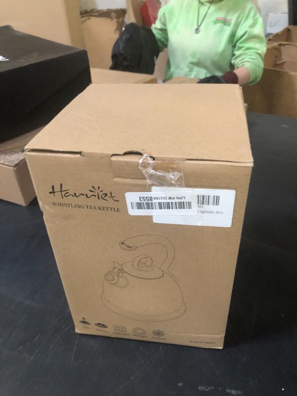 Photo 1 of Harriet Tea Kettle for Stove Top, 2.5 Quart Stainless Steel Whistling Tea Pot, 3-Layer Base, Unique Dolphin-Shaped Ergonomic Handle, Includes Pot Holder & Mat, Gas Electric Applicable, Beige White