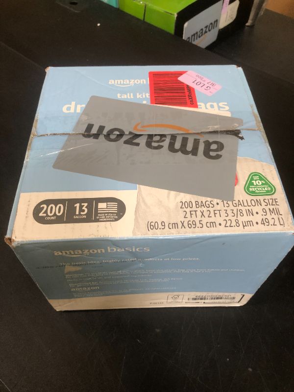 Photo 1 of Amazon Basics 13 Gallon Tall Kitchen Drawstring Trash Bags, Clean Fresh Scnet, 10% Post Consumer Recycled, 200 Count