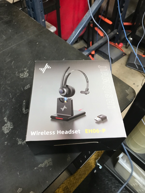 Photo 1 of JIAMQISHI Bluetooth Headset - Wireless Headset with Noise Cancelling Microphone, V5.2 Computer Headphones with USB Dongle, Charging Base & Mic Mute for Work/Call Center/PC/Laptop/Online Class/Zoom