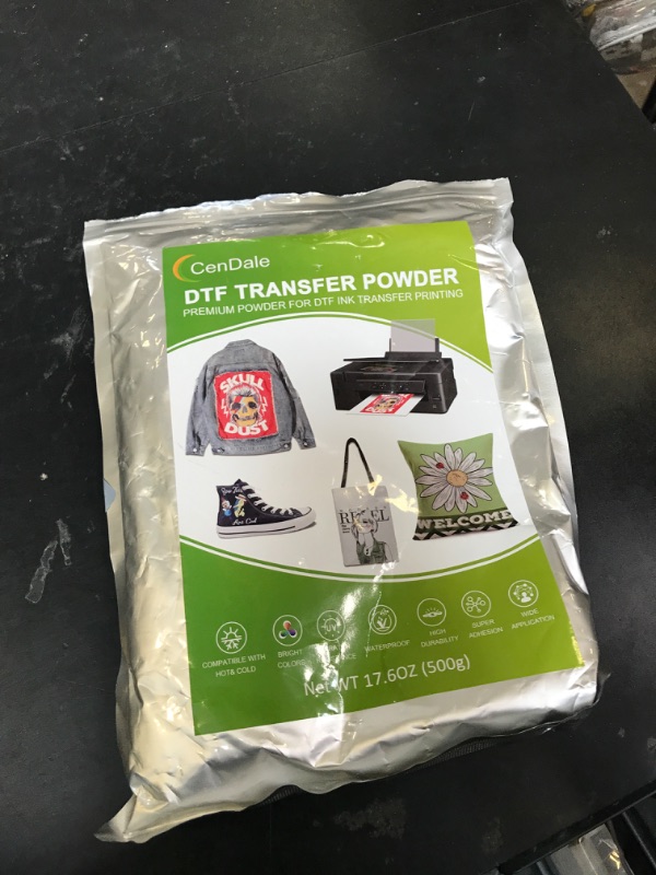 Photo 1 of CenDale DTF Powder, 500g/17.6oz White Hot Melt Adhesive Digital DTF Transfer Powder for Sublimation, Compatible with DTF and DTG Printers, DTF PreTreat Powder for All Fabric Jeans Cotton T-Shirt (OPENED)