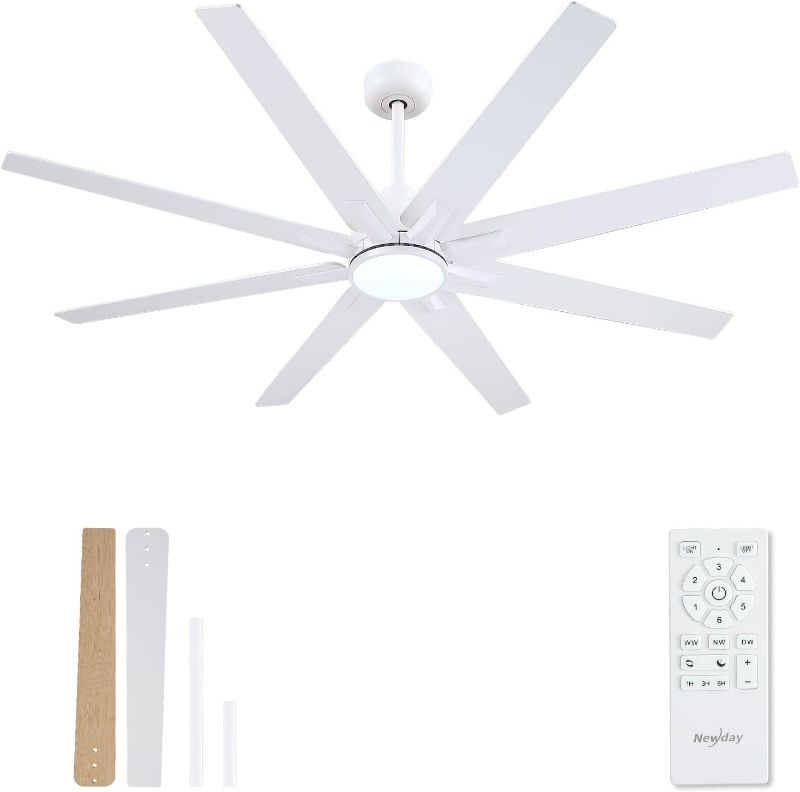 Photo 1 of Newday 62 inch Large Ceiling Fans with Lights and Remote, Indoor/Outdoor White Ceiling Fan for Living Room Patio, 6 Speeds Slient Reversible DC Motor, 3CCT, Timer, 2 Downrods, 8 Blades
