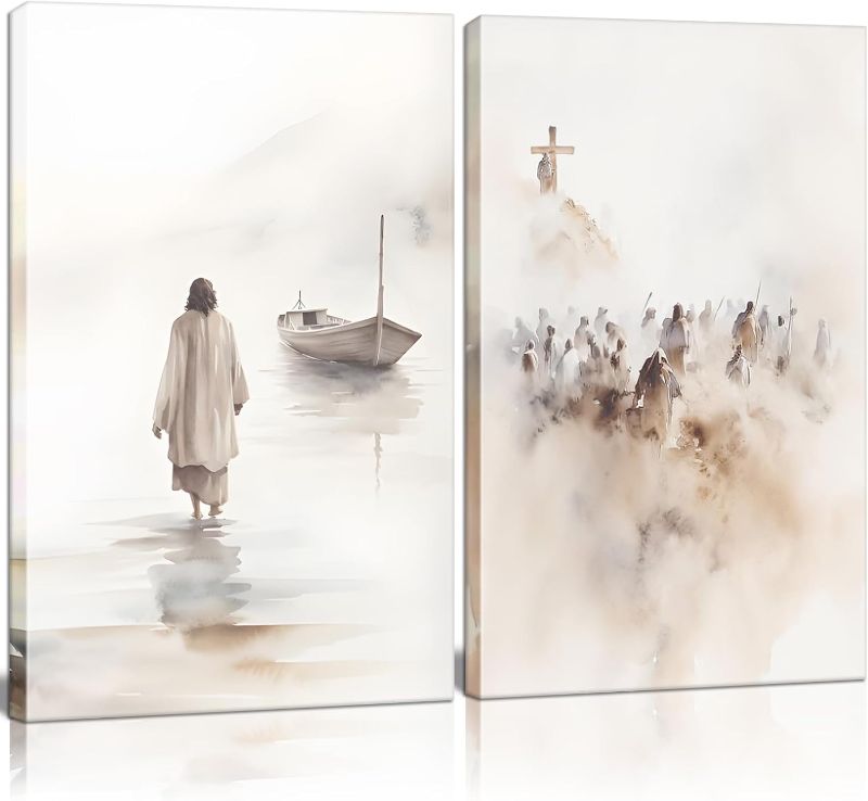 Photo 1 of 2Pcs Framed Jesus Wall Art Christian Bible Canvas Wall Decor God Poster Minimalist Boho Home Pictures Posters Prints Religious Paintings Room Bedroom Church Decorations Ready to Hang 16x24Inch
