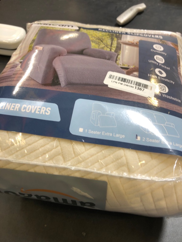 Photo 1 of KinCam Recliner Covers, Stretch Reclining Chair Covers, Recliner Sofa Slipcovers Stripe Jacquard Recliner Couch Covers Furniture Protector Covers (2 XL Seater, Cream)