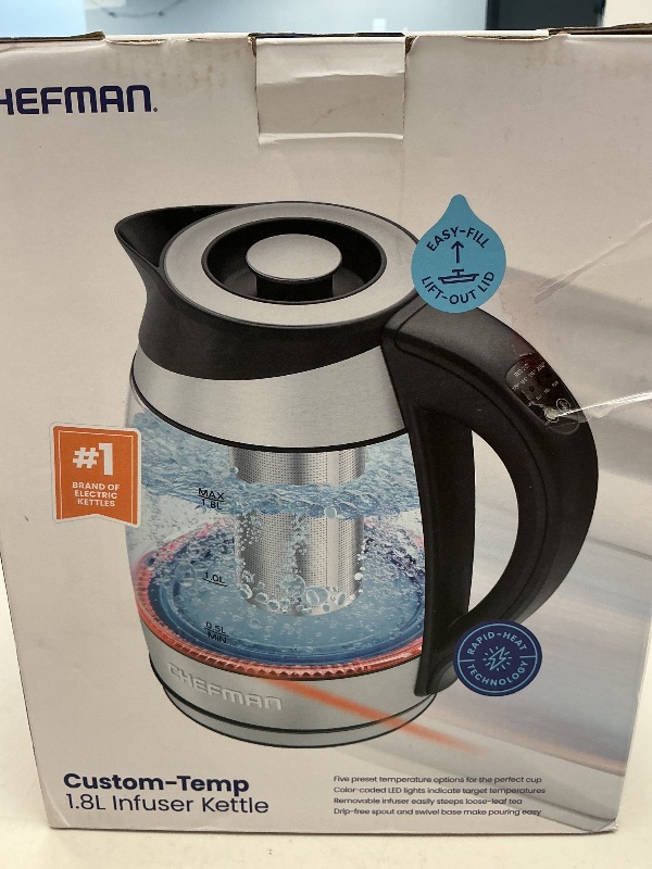 Photo 1 of Chefman Electric Kettle with Temperature Control, 5 Presets LED Indicator Lights, Removable Tea Infuser, Glass Tea Kettle & Hot Water Boiler, 360° Swivel Base, BPA Free, Stainless Steel, 1.8 Liters