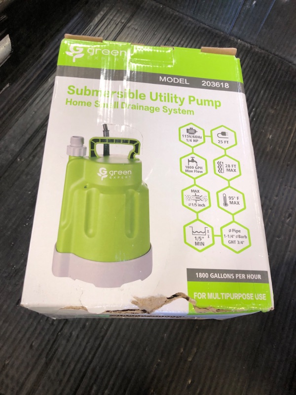 Photo 1 of Green Expert 1/4HP Submersible Sump Pump 25-Foot Power Cord High Flow 1800GPH for Water Removal Household Drainage Utility Pump Easy to Use in Pools Hot Tub Flooded House Suit to Garden Hose