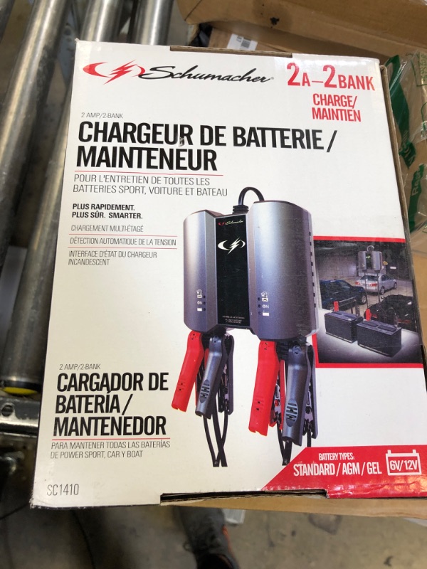 Photo 1 of Schumacher Electric Two-Bank Battery Charger and Maintainer, SC1410, 3-in-1, Fully Automatic, Charges Simultaneously, 2 Amps Per Bank, 6 Volt, 12 Volt, for Car, SUV, Truck, and Marine Batteries