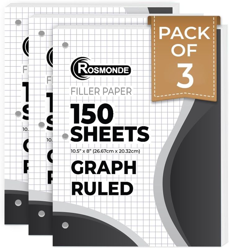 Photo 1 of Rosmonde Graph Paper 3 Pack, 450 Sheets, 4x4 Grid Paper, 8" x 10.5", 3 Hole Punched, Notebook Paper, 54 GSM Thick Graphing Paper, Quad Ruled Graph Paper, Loose Leaf Paper, Back to School Supplies
