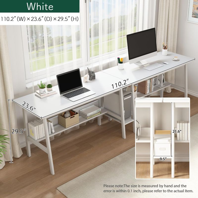 Photo 1 of 2-Person Writing Desk with Bookshelf - 110" Wooden Extra Long Home Office Work Table, Double Study Computer Workstation with Storage Shelves in White, 110" W x 24" D
