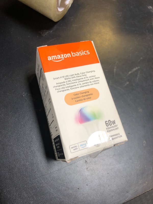 Photo 1 of Amazon Basics Smart A19 LED Light Bulb, Color Changing, 9W (60W Equivalent), 800LM, Works with Alexa Only, 2.4 GHz Wi-Fi, No Hub Required, 1 Pack