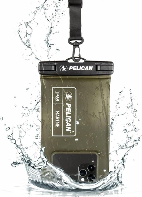 Photo 1 of Pelican Marine - IP68 Waterproof Phone Pouch (Regular Size) Floating Waterproof Phone Case - Beach Cruise Ship Travel Essentials - Works with All Phones - Detachable Lanyard - Olive Green