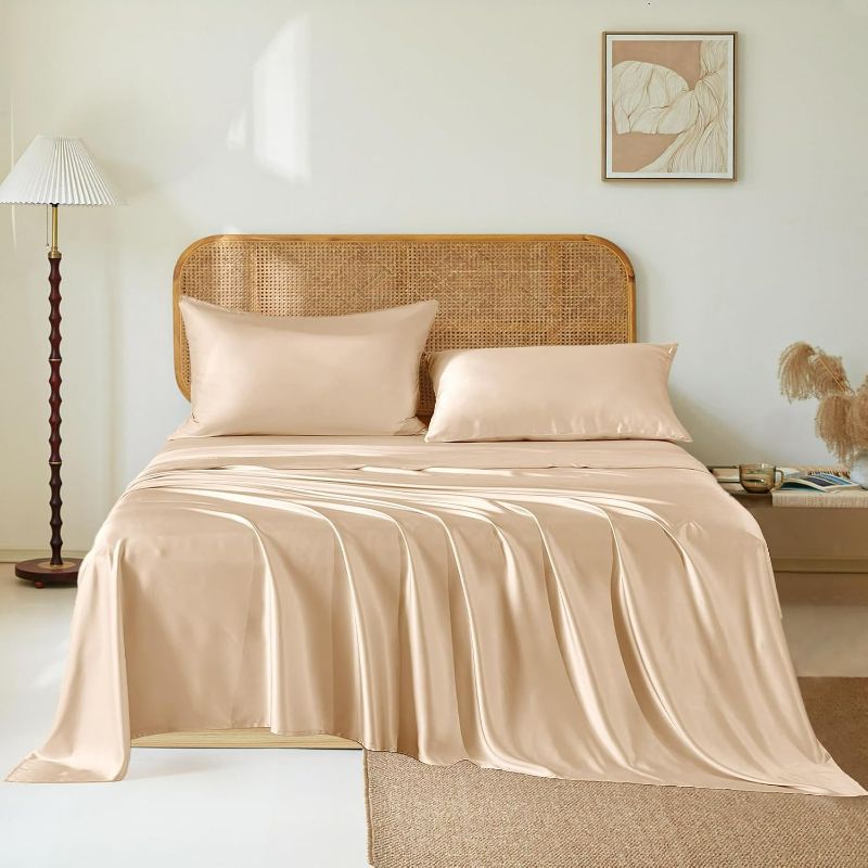 Photo 1 of (K) THXSILK Luxury Mulberry Silk Bed Sheets Set - 4pcs Silk Sheets Set 16" Deep Pocket - 1 Fitted Sheet, 1 Flat Sheet, 2 Pillowcases with Zipper Closure - King, Champagne