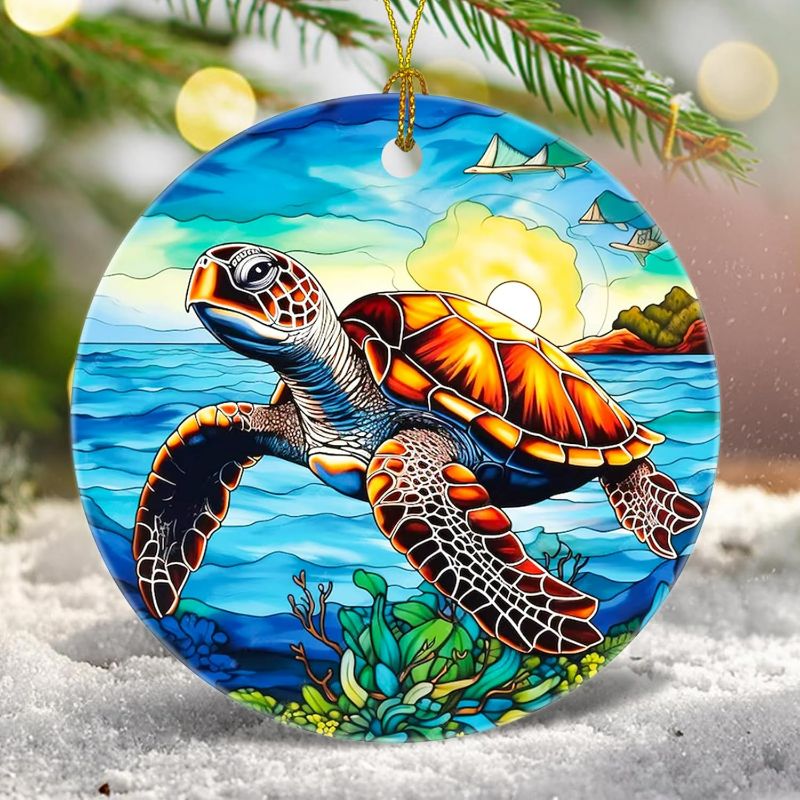 Photo 1 of Christmas Tree Decorations Sea Turtle Ornament, Smooth Ceramic Christmas Tree Ornaments, Xmas Decorative Hanging Ornaments, Christmas Decor Indoor Home Party Gifts Souvenir Sea Turtle