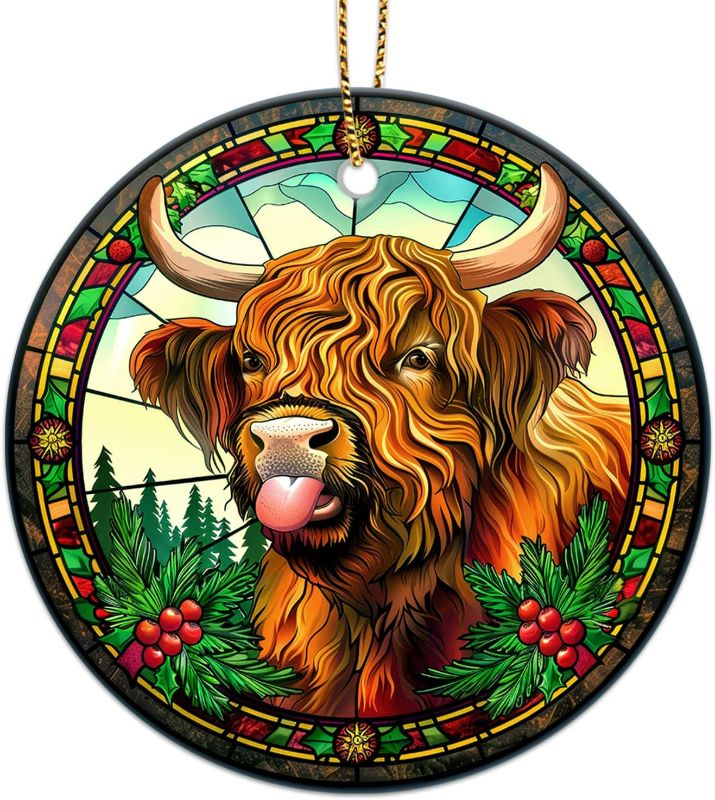 Photo 1 of 34HD Gifts for Christmas, Highland Cow Christmas Ornament Ceramic 2-Side Printed, Highland Cow Gifts for Women, Christmas Decorations