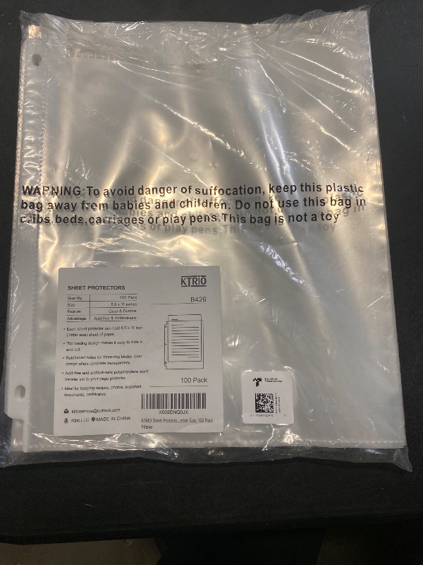 Photo 1 of KTRIO Sheet Protectors 8.5 x 11 inch, Clear Page Protector for 3 Ring Binder, Plastic Sleeves for Binders, Top Loading Paper Sheets Document Sleeve Letter Size, Office & Home, 100 Pack