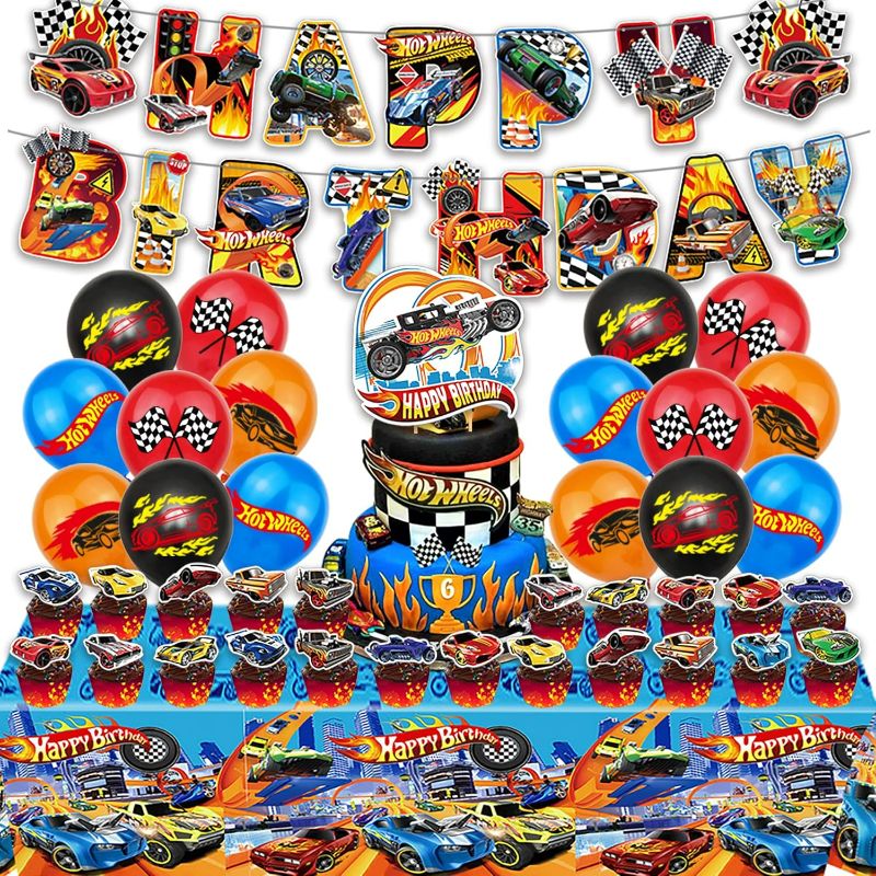 Photo 1 of Hot Theme Party Decorations, Race Car Birthday Party Supplies Include Happy Birthday Banner,Balloons,Cake Toppers,Cupcake Toppers,Tablecloth