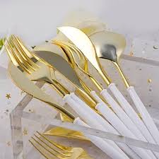 Photo 1 of Supernal 102pcs Gold Plastic Siverware,Gold Plastic Cutlery with Black Handle with 102pcs Gold Plastic Cutlery, Durable Plastic silverware,Disposable Cutlerty with White Handle