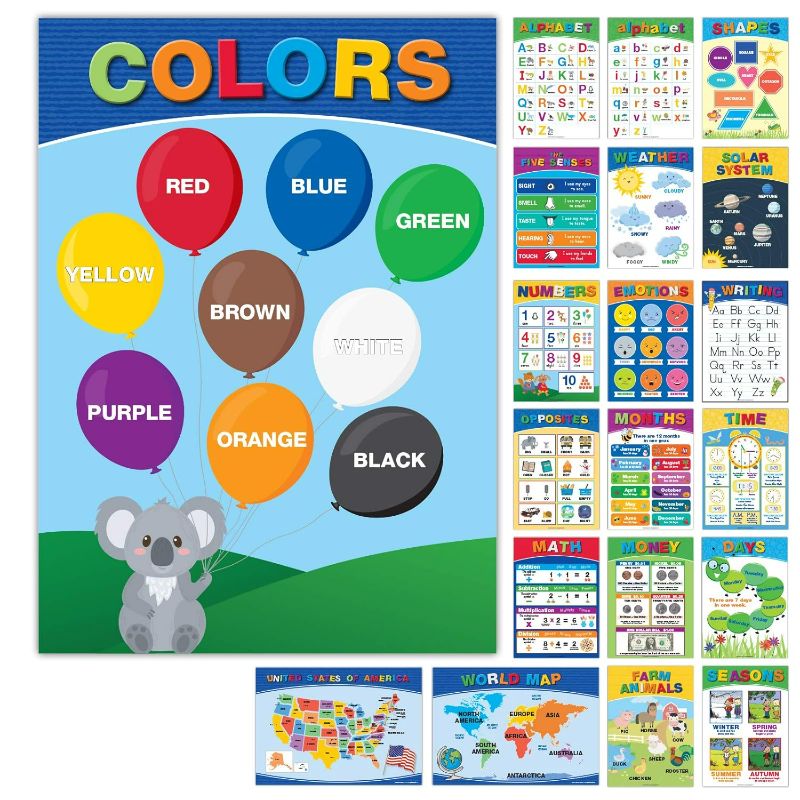 Photo 1 of 20 Large Educational Posters For Kids Toddlers (16.5x12 Double Sided English/Spanish) Alphabet Colors Letters Numbers Shapes Months Days Weather Time Animals Solar System Seasons Map