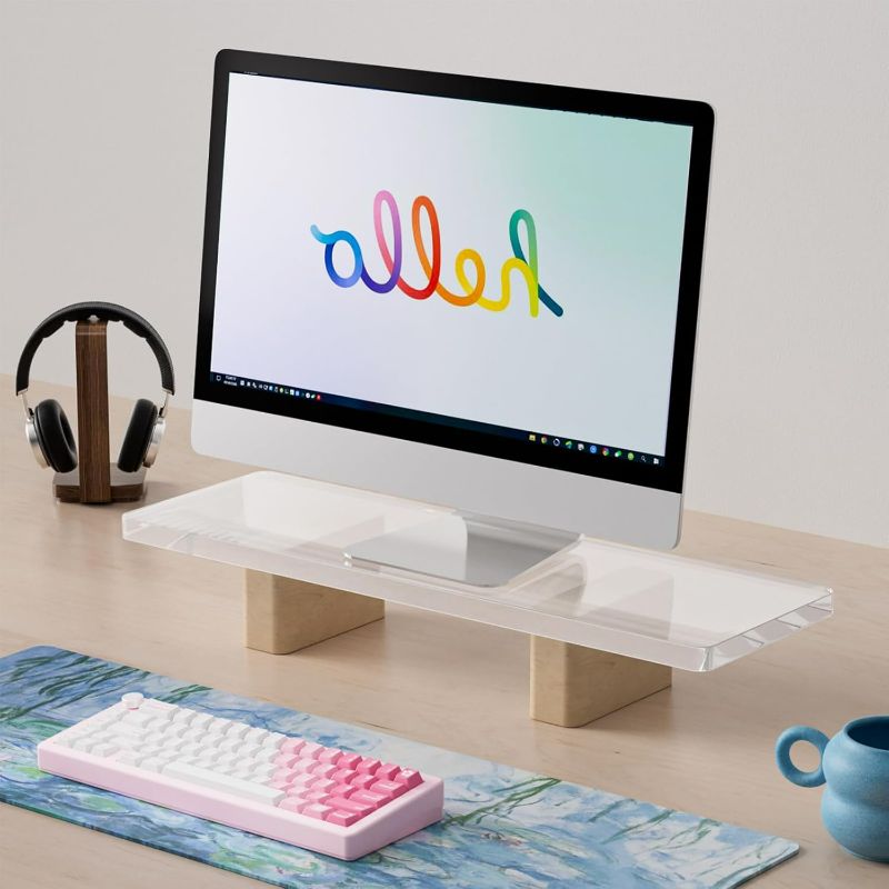 Photo 1 of Acrylic Monitor Stand Riser, Premium Large Clear Monitor Riser 19.6 inch, Sturdy Wood Computer Stand Office Desk Accessories, Desk Organizer Riser for Laptop Printer Computer TV