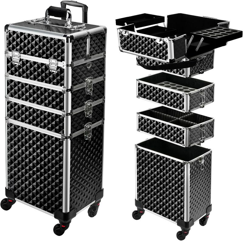 Photo 1 of TOPACK Professional 5-In-1 Rolling Makeup Train Case, Large Makeup Travel Case with Key Shoulder Strap/Handle Cushion I Makeup Train Case Organizer I Cosmetology Case on Wheels I Black