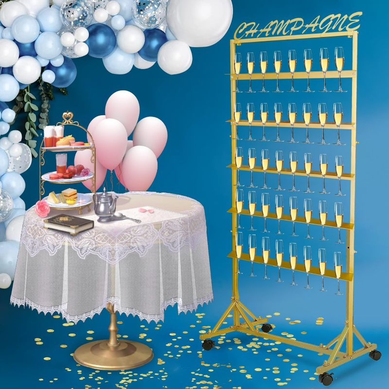 Photo 1 of Champagne Wall Holder for Party, Rolling Champagne Tower Stand with Removable Sign, 5-Tier Champagne Flute Holder Hold 40 Glasses, Metal Wine Glass Stand for Party, Wedding, Christmas