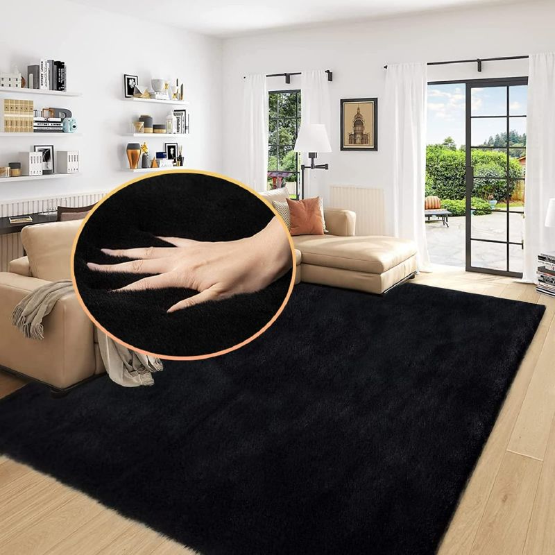 Photo 1 of Black Washable Area Rugs 6x9 Rugs for Living Room Faux Rabbit Fuzzy Fur Rug for Bedroom Nursery Rugs Room Décor