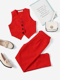 Photo 1 of Size L Tall ..Similar to photo buttons are (RED) SHEIN Tween Girl Single Breasted Vest Jacket & Straight Leg Pants