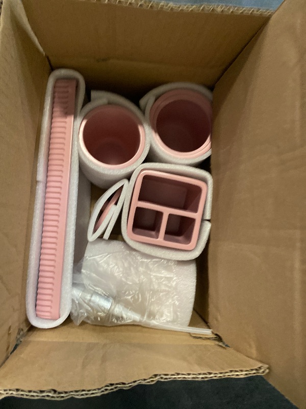 Photo 1 of XLHOMO Resin Pink Bathroom Accessories Set 5 Pcs, Lotion Soap Dispenser, Toothbrush Holder, Bathroom Tumbler, Qtip Holder and Vanity Tray, Bathroom Countertop Organizer Set for Modern Home Apartment