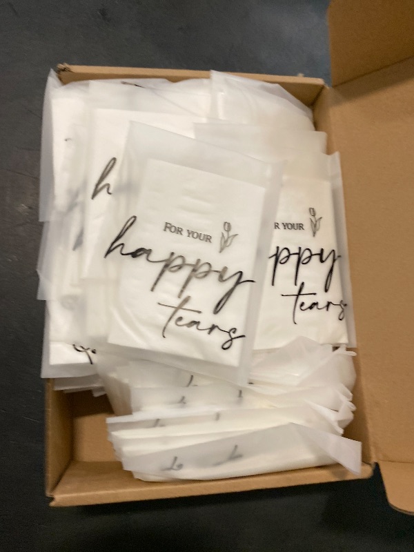 Photo 1 of Eaasty Happy Tears Tissue Packs for Wedding 3 Ply Wedding Tissues for Guests Travel Size Bulk Facial Paper Welcome Bag Stuffers Gift Bride and Groom Mother(60 Pack)