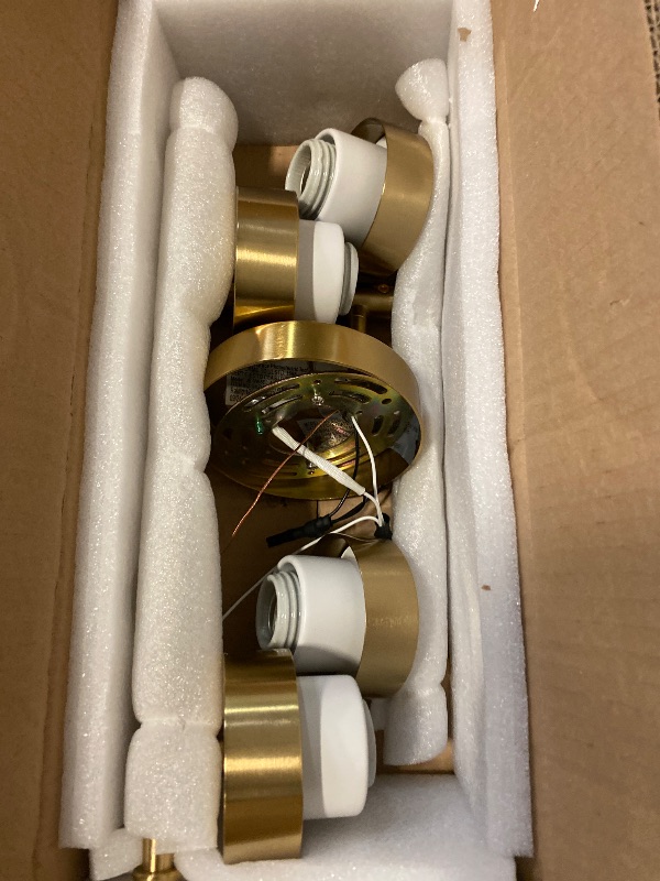 Photo 1 of Bathroom Light Fixtures Brushed Gold, HWH 4 Light Vanity Lights Over Mirror, Modern Wall Lamp Bathroom Lighting with Frosted White Striped Glass, 5HZG97B-4W BG