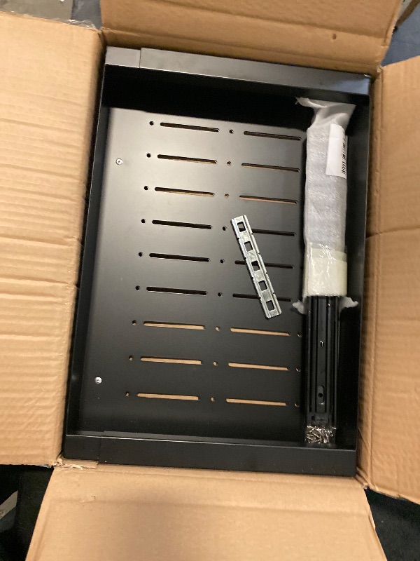 Photo 1 of JINGCHENGMEI Sliding Under Desk Laptop Mount Shelf with Air Vents, Metal Under Desk Slide Out Tray for Laptop 19.3" W x 2.36" H x 12" D (16 Inch Wide)