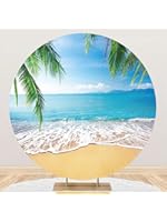 Photo 1 of Summer Tropical Beach Round Backdrop Cover Hawaii Sand Beach Palm Sea Round Backdrop (No Stand) for Theme Party Decorations 7.2ft (220cm) Circle Backdrop Cover Photo Studio Props
