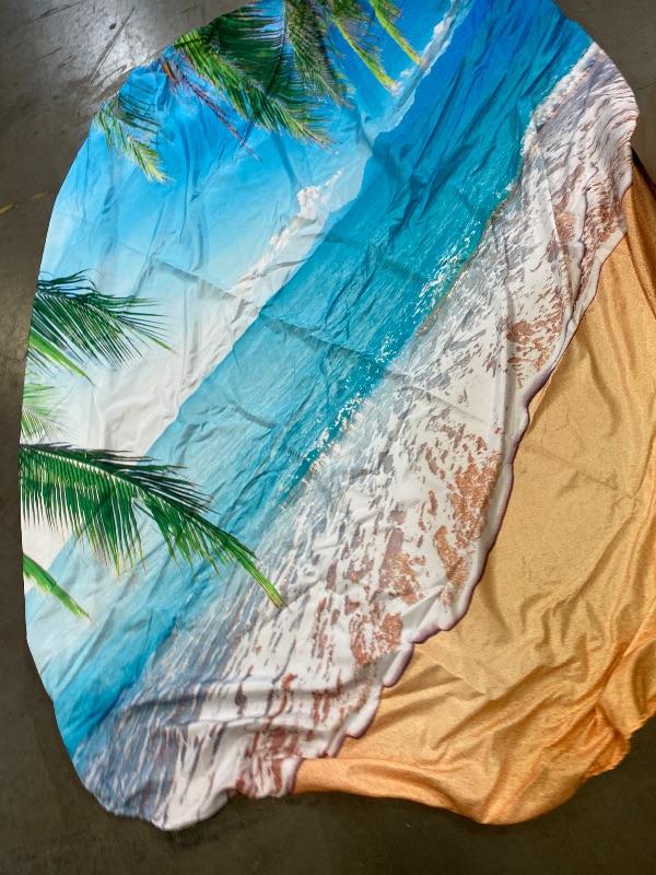 Photo 1 of Summer Tropical Beach Round Backdrop Cover Hawaii Sand Beach Palm Sea Round Backdrop (No Stand) for Theme Party Decorations 7.2ft (220cm) Circle Backdrop Cover Photo Studio Props