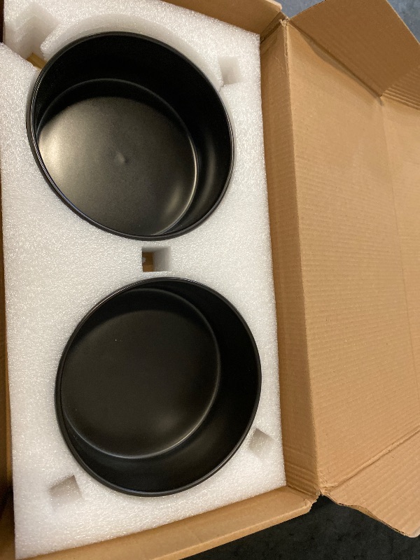 Photo 1 of SPUNKYJUNKY Ceramic Dog and Cat Bowl Set with Wooden Stand, Modern Cute Weighted Food Water Set for Small Size Dogs (13.5OZ) & Medium Sized Dogs (28.7OZ) & Cats (3.6 Cups, 2 × Black)