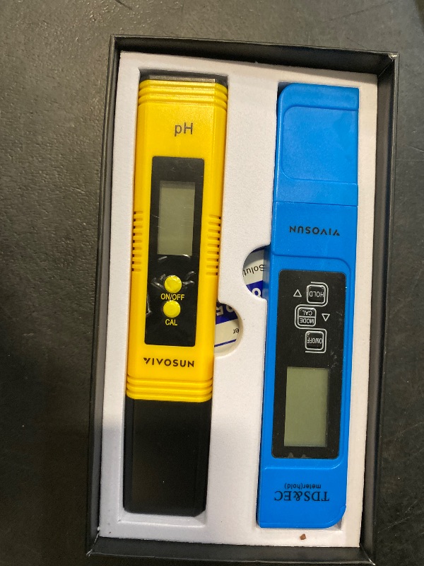 Photo 1 of VIVOSUN Digital pH and TDS Meter Kits, 0.01pH High Accuracy Pen Type pH Meter ± 2% Readout Accuracy 3-in-1 TDS EC Temperature Meter for Hydroponics, Pool and Aquarium, Yellow Blue, UL Certified