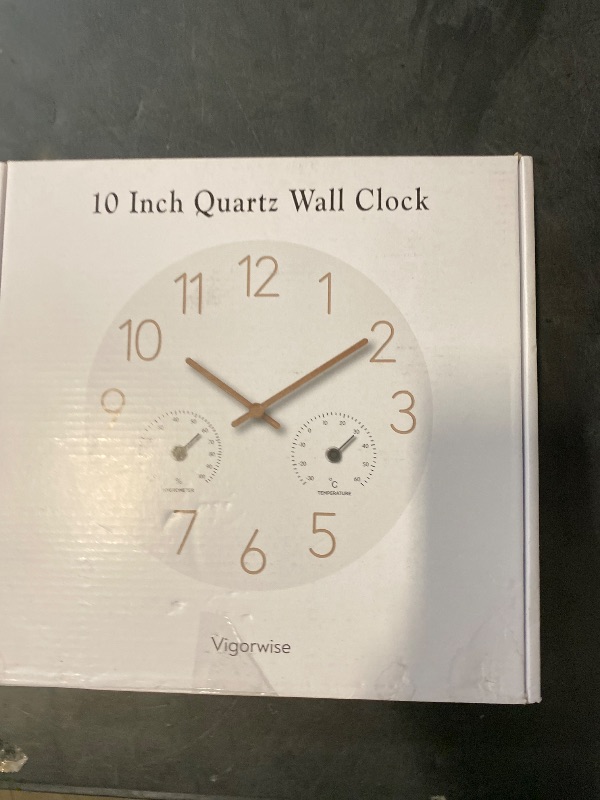 Photo 1 of Vigorwise 10Inch Wall Clock with Temperature & Humidity, Wooden Frame Wall Clocks, Sweep Silent Movement Accurate Clocks, Decorative for Kitchen Living Room Bedroom Housewarming