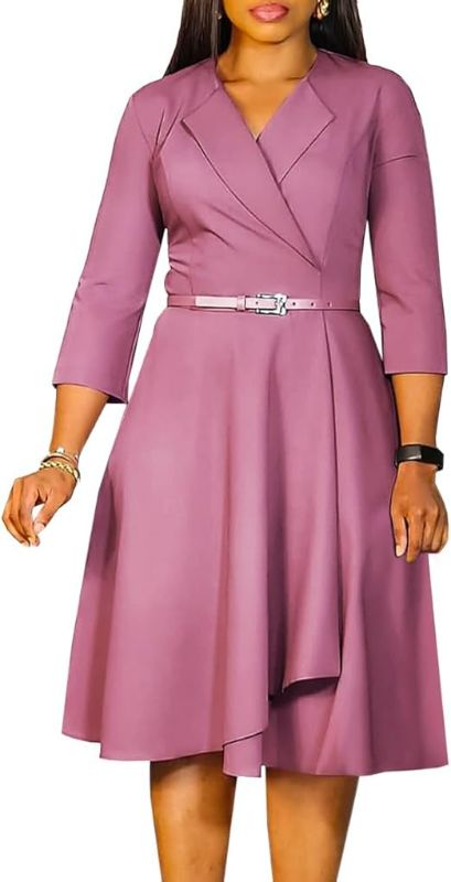 Photo 1 of Size M Elainone Women 3/4 Sleeve Casual Swing Flared A Line Dress Wedding Guest Semi Formal Office Work Dresses with Belt
