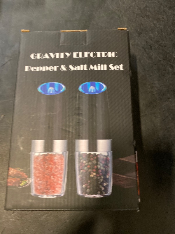 Photo 1 of Sweet Alice Gravity Electric Pepper and Salt Grinder Set, Adjustable Coarseness, Battery Powered with LED Light, One Hand Automatic Operation, Stainless Steel Black, 2 Pack