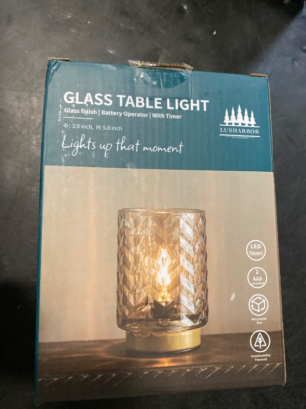 Photo 1 of LUSHARBOR Battery Operated Lamp with Timer, Small Table Lamp with LED Bulb, Glass Cordless Lamps Bedside Battery Operated Lamp for Living Room, Entryway Wave Design-Amber