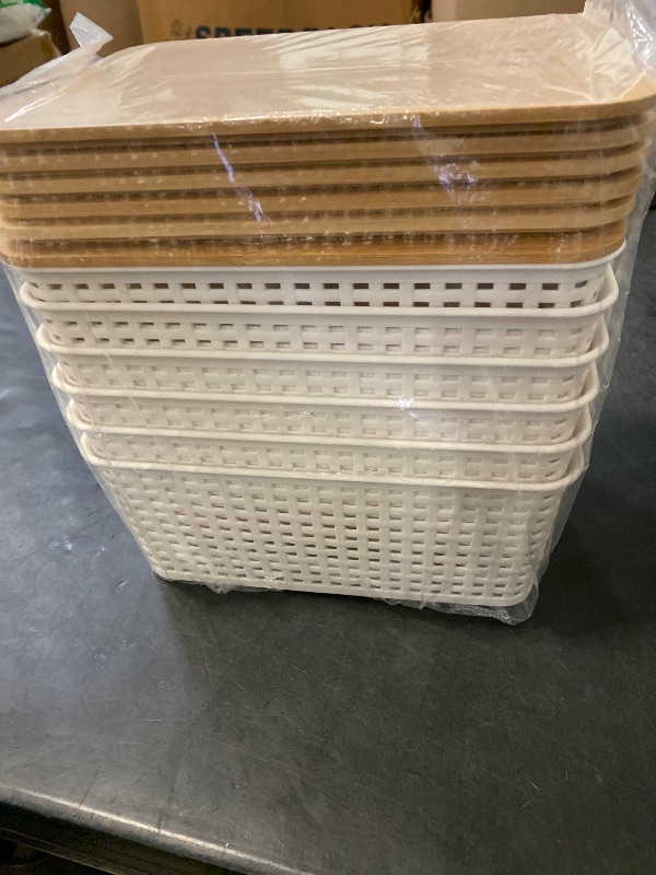 Photo 1 of 6 Pack Plastic Storage Baskets With Bamboo Lid, Stackable Storage Baskets for Organizing Desktop Closet Shelves Drawers Pantry Organization Office Playroom Classroom