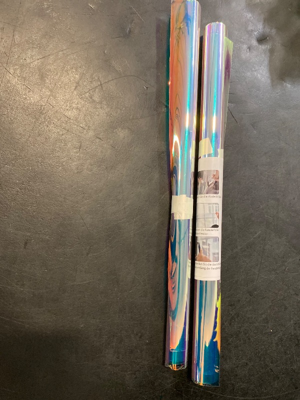 Photo 1 of Zonon 2 Sheets Dichroic Film Holographic Window Film Iridescent Cellophane 16 x 100 Inches Clear Window Privacy Decal Rainbow Effect Decorative Glass Self Adhesive Sticker Cellophane Roll (Blue)