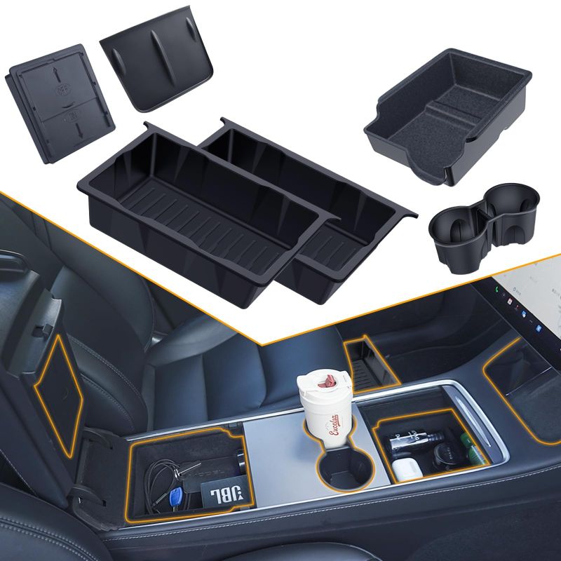 Photo 1 of Center Console Organizer Tray for Tesla Model Y 2024-2020(Not Fit 2024 2025Model Y Juniper), 7PCS Car Accessories with Armrest Storage Tray, Hidden Storage Box, Cup Holder Insert, Under Seat Box