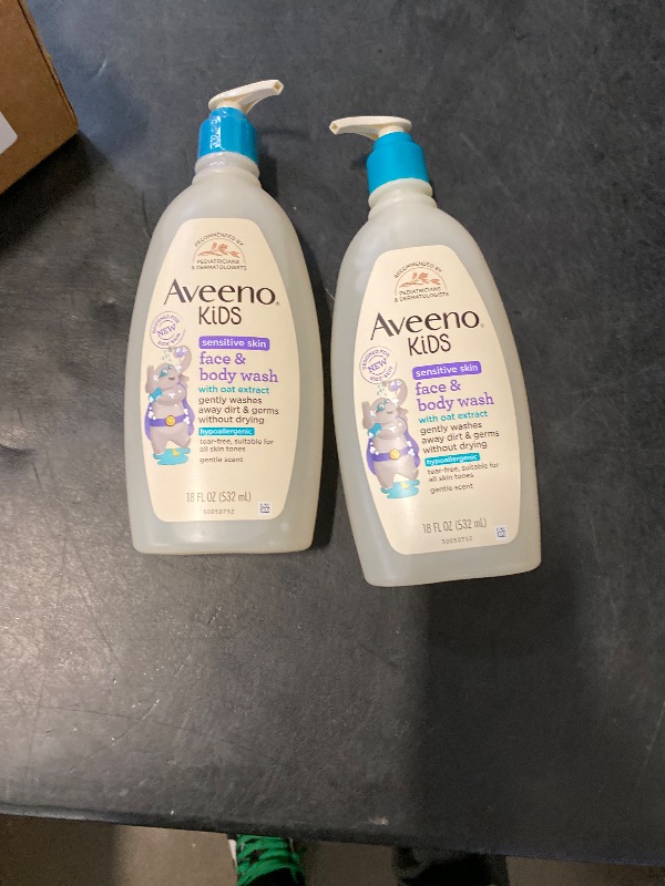 Photo 1 of Aveeno Kids Sensitive Skin Face and Body Wash with Oat Extract, Gently Washes Away Dirt and Germs Without Drying, Tear-Free, Hypoallergenic Kids Body Wash, 18 fl. oz, 2 Pack