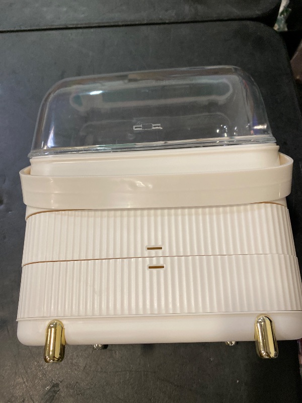 Photo 1 of Preppy Skincare Organizers Makeup Organizer Holder Cosmetic Storage Box Display Case 3 Tiers Dust Free Cover Portable Handle 2 Rroomy Drawers Gift Great For Bathroom Countertop Dresser Ivory White
