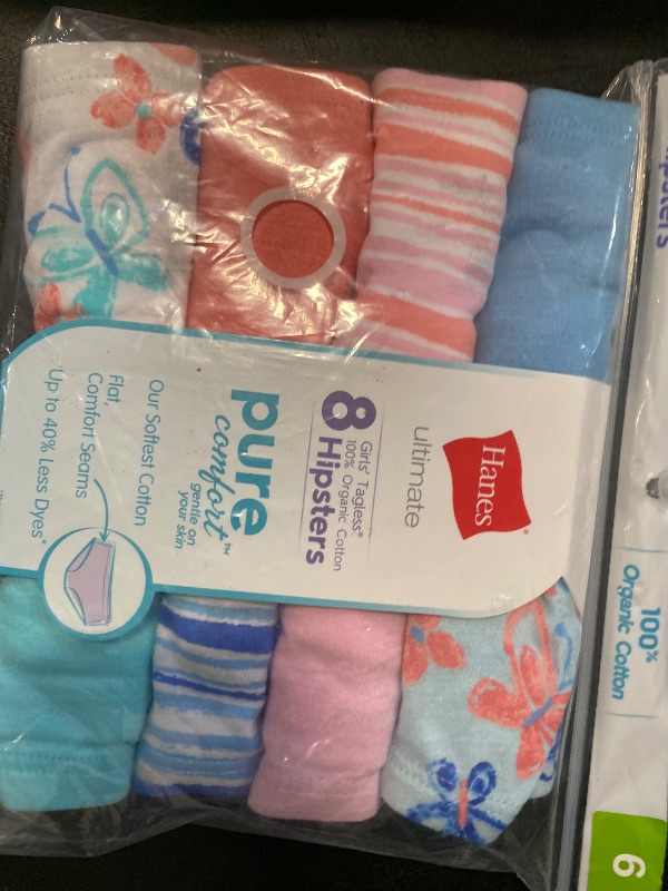 Photo 1 of Size 6 Hanes Little Ultimate Girls' Underwear, Pure Comfort Organic 100% Cotton Panties, Briefs, 8-Pack, Hipster-Pink Blue Solids & Patterns, 