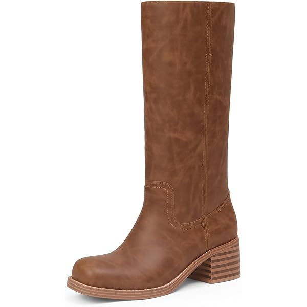 Photo 1 of Mid Calf Boots for Women Chunky Block Heel Women’s Tall Boots Square Toe Comfortable Casual Boots Low Heel Trendy Stylish Boots